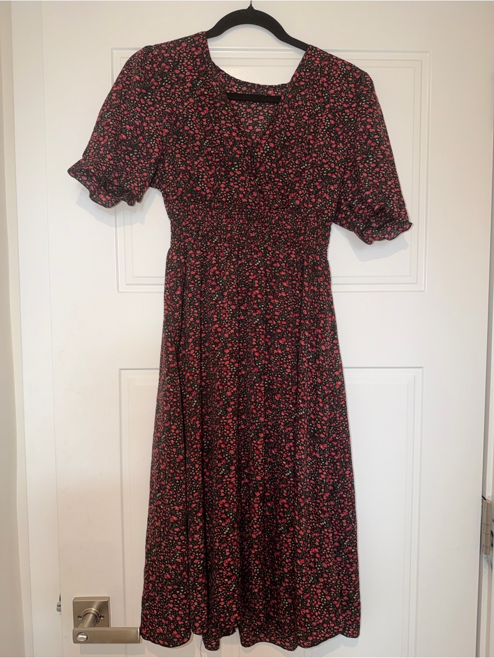 Black Floral Midi Dress with Pink Accents Size L